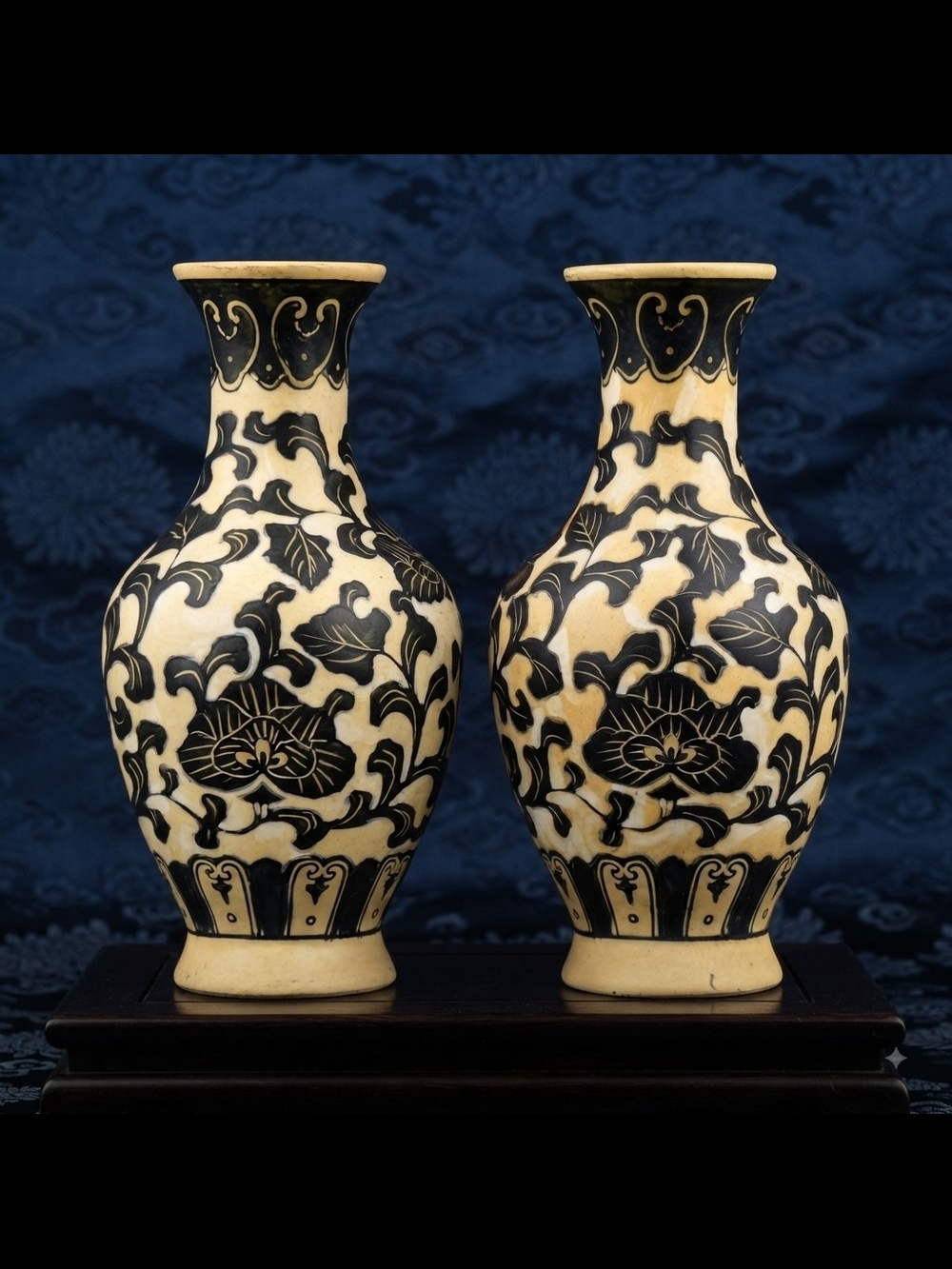 Vintage Pair of Japanese Ceramic Vases Harlequin Floral